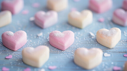 Obraz premium Valentine's Day background adorned with pastel hearts, creating a charming and romantic atmosphere for festive designs.