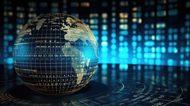 Globe and binary code on dark blue background. 3d., generative ai