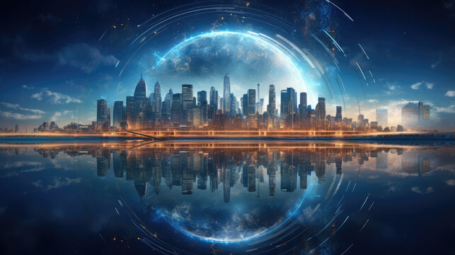 Abstract technology background. Futuristic interface with planet Earth and city., generative ai