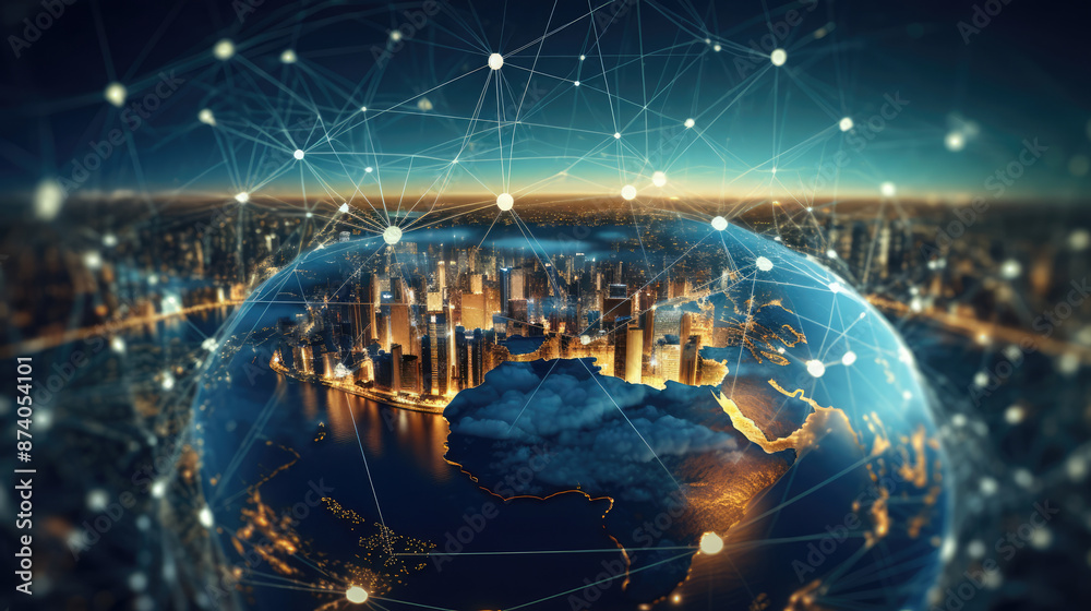 Poster global network connection concept background. 3d toned image double exposure, generative ai