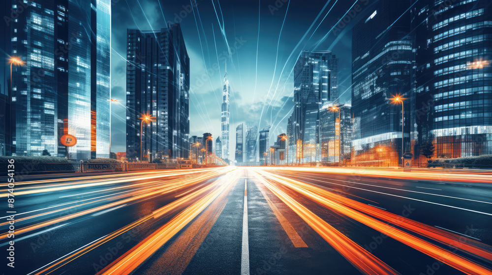 Canvas Prints the light trails on the modern building background in big city. , generative ai