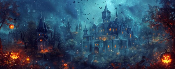 Obraz premium Eerie haunted castle with glowing jack-o'-lanterns, surrounded by foggy forest and ominous atmosphere under a spooky night sky.