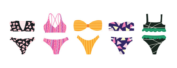 Beach swimsuit set. Swimming wear vector set. Bikini swimsuits summer vacation clothing fashion. Stylish set women's swimwear isolated on white background. Fashionable swimsuits.