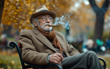 senior man smoking in a park, in the style of old memecore,
