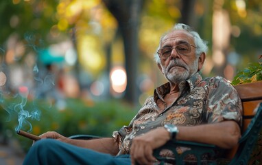 senior man smoking in a park, in the style of old memecore,