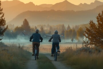 senior couple cycling in the evening sunset, in the style of synthetism-inspired,