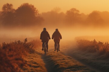 senior couple cycling in the evening sunset, in the style of synthetism-inspired,