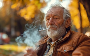 senior man smoking in a park, in the style of old memecore,