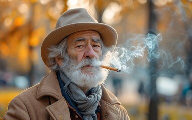 senior man smoking in a park, in the style of old memecore,