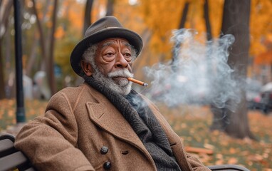 senior man smoking in a park, in the style of old memecore,