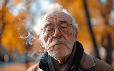 senior man smoking in a park, in the style of old memecore,