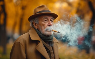 senior man smoking in a park, in the style of old memecore,