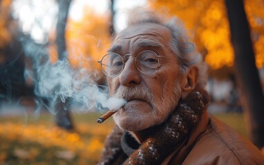 senior man smoking in a park, in the style of old memecore,