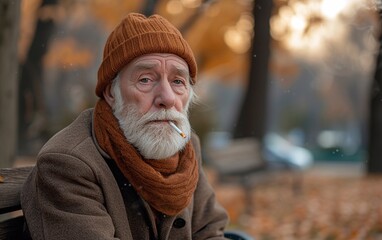 senior man smoking in a park, in the style of old memecore,