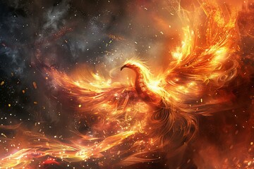 Artistic depiction of a mythical phoenix rebirth among vibrant cosmic embers