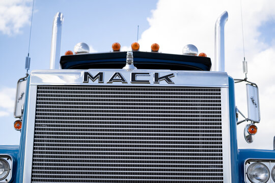 Mack Super-Liner truck. American heavy-duty vehicle for transporting cargo and freight. Front grille view with company logo sign, auto badge or emblem logotype on June 22, 2024 in Katowice, Poland.