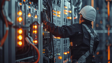 An electrician working on an electrical panel, seen from behind with the full cabinet open and various wires connected to lamps and transacted lights