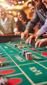 Group of friends cheering around a craps table in a lively casino