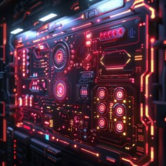 Obraz premium Cyberpunk Digital Board of Futuristic High-Tech Elements in Multicolor Display