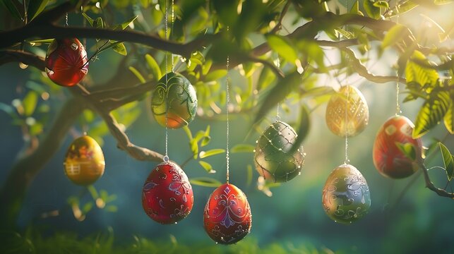 happy Easter background with text space in the background eggs in the colorful decorative way in the basket with empty space 
gold and silver eggs hung from the leaves 
