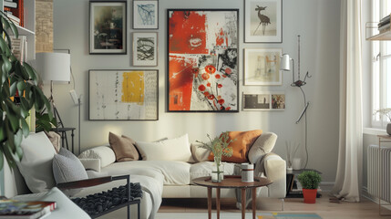 Chic living room with a creative gallery wall, contemporary furniture, and a bright, inviting ambiance.