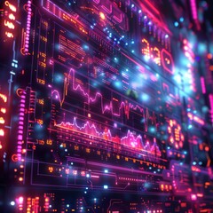 Obraz premium Futuristic Holographic Digital Board with Real-Time Data in Cyberpunk Style with Vibrant Colors for High-Tech Concept