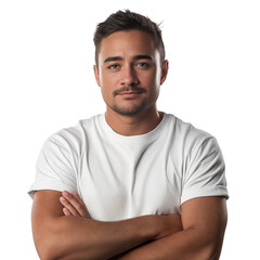 Fototapeta premium Casual Young Man in White T-Shirt with Arms Crossed, isolated on transparent background.