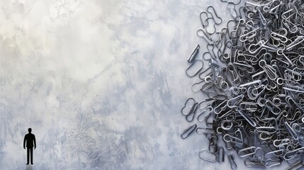 A minimalist business concept with a group of paperclips on canvas, with one facing the opposite direction.