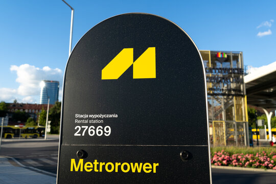 Metrorower rental station information totem with logo sign. Public bicycle-sharing system in Metropolis GZM, G&oacute;rnośląsko-Zagłębiowska Metropolia in Poland on June 22, 2024 in Katowice, Poland.