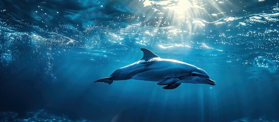 Fototapeta premium A stunning image of a dolphin swimming underwater, illuminated by sunlight filtering through the ocean surface, showcasing marine life beauty.