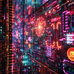 Futuristic Holographic Digital Board Displaying Real-Time Data in Cyberpunk Style with Vibrant High-Tech Colors