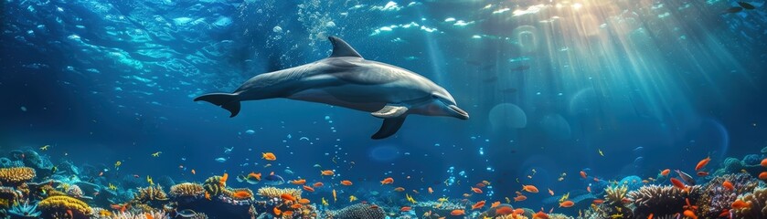 Obraz premium A stunning underwater scene featuring a dolphin gracefully swimming amidst colorful coral and tropical fish, illuminated by sunlight filtering through the ocean surface.
