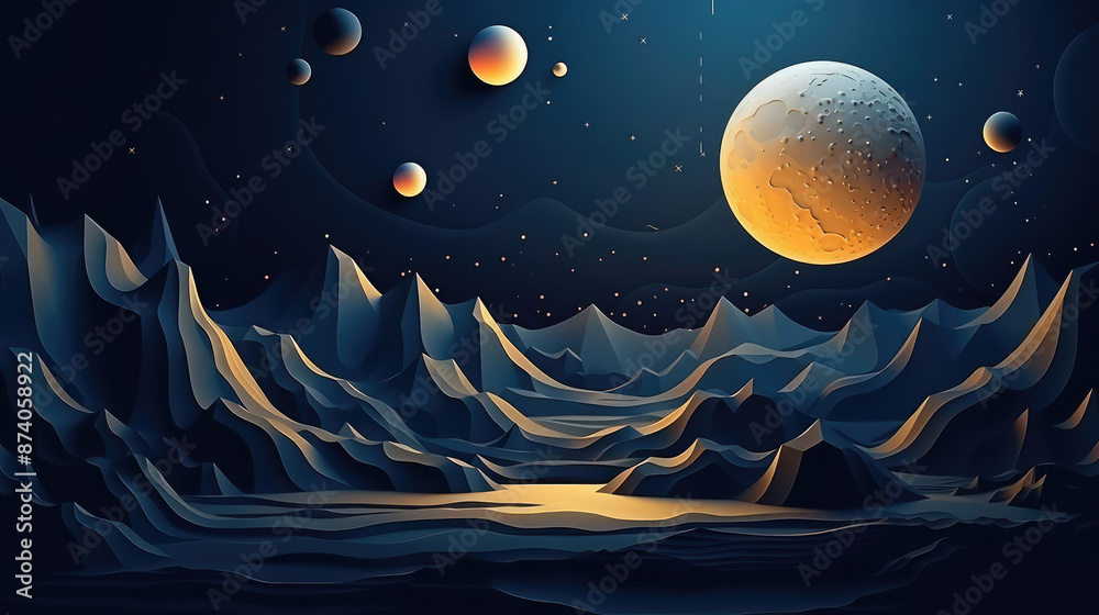 Wall mural abstract composition with planets and stars on dark background. , generative ai