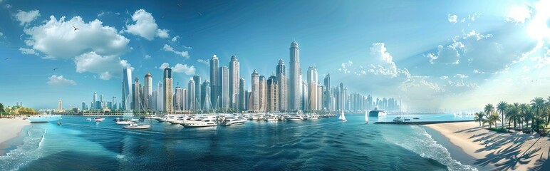 Fototapeta premium Sun spotlights the city from afar and serene ocean. AI generated illustration