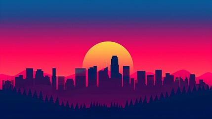 Capture the essence of happiness with a vibrant cityscape at sunset, bustling with joyful activity. Illustration, Image, , Minimalism,