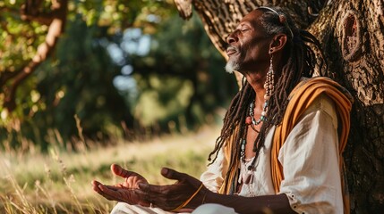 Serene sage meditating under an oak tree with closed eyes.
