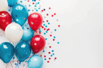 Red, blue and white balloons with paper confetti over solid white background with copy space. Celebrating of 4th of July in the USA or 14th of July in France.