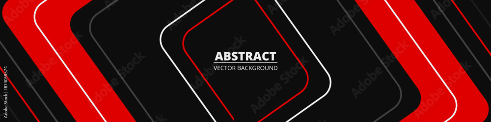Poster black and red abstract wide horizontal banner with white and gray lines and outlines. dark modern sp