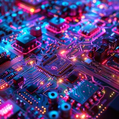 Obraz premium Futuristic Digital Board with Holographic Neural Networks in Cyberpunk Style, Vibrant Colors and High Detail