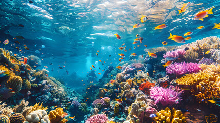 Fototapeta premium Taking a scuba dive in crystal clear tropical waters, exploring vibrant coral reefs and marine life, with colorful fish swimming around,