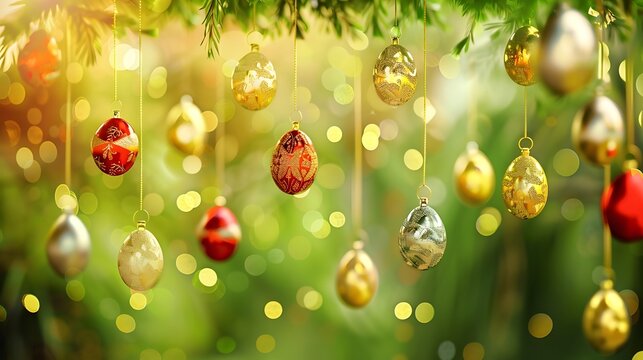 happy Easter background with text space in the background eggs in the colorful decorative way in the basket with empty space 
gold and silver eggs hung from the leaves 
