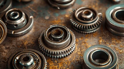 Obraz premium Various bearings on a metallic surface. Mechanism component.