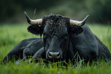 Naklejka premium Ox lying on the green grass