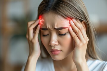 Fototapeta premium Woman experiencing a severe headache with red pain indicators on her temples indicating stress. Health issues, headache relief, stress management, migraine symptoms, health concept.