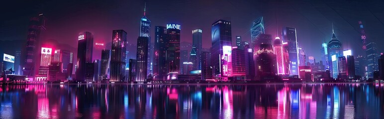 Futuristic cyberpunk city full of neon lights at night, Retro future illustration in a style of pixel art, Blurred background. AI generated illustration