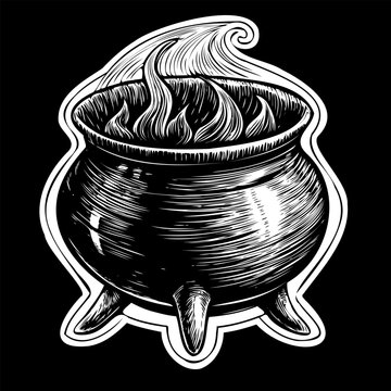 recommend clip art: Gothic Vintage Black and White Halloween Cauldron with Bubbling Potion. Witch Pot or Witch Cauldron sticker, vector illustration