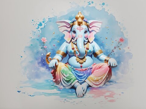 blue watercolor ganesha painting, white background