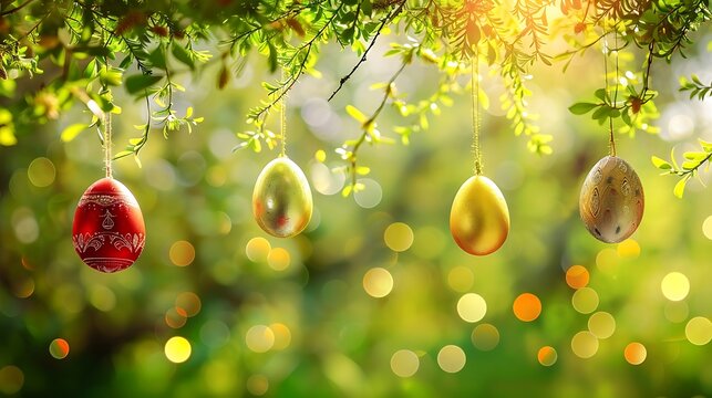 happy Easter background with text space in the background eggs in the colorful decorative way in the basket with empty space 
gold and silver eggs hung from the leaves 
