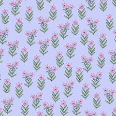 Seamless pattern of branches with flowers on a lilac background. Vector illustration.