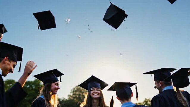 Education concept,rowing graduation caps in the air	
